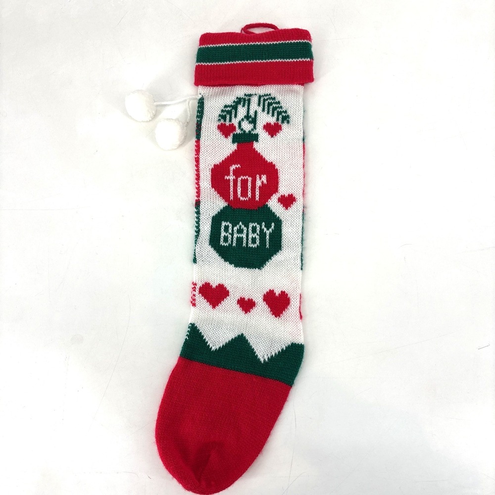 Vintage Knit Baby Christmas Stocking Hearts Ornaments 20" Acrylic Red Green